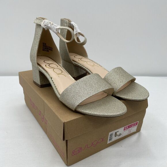 Sugar Shoes - Sugar Women Ankle Strap Sandals Noelle Low Size US 9M Gold Sparkle Glitter
